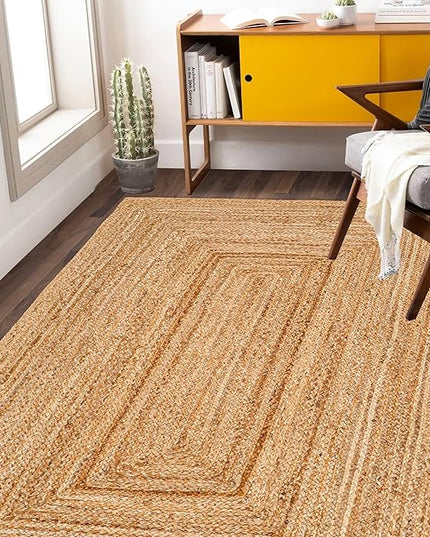 Hand Woven Jute Area Rug - 3' x 5' Feet - Rustic Beige Reversible Rectangular Rugs for Bedroom, Kitchen, Living Room - Vintage Natural Braided Entry Floor Décor Boho 3x5 Jute Rug