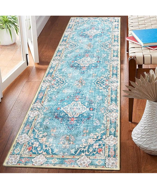 MUJOO Hallway Runner Rug 2'x8' Teal Long Rug Runners Boho Machine Washable Non Slip Carpet for Entryway Kitchen Bathroom Bedside Retro Soft Low-Pile Blossom