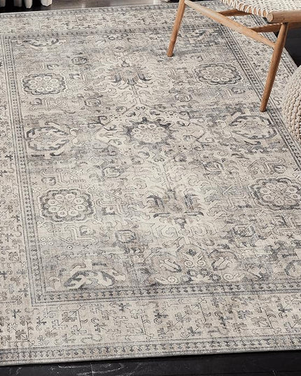 ReaLife Rugs Machine Washable Area Rug Runner - Living Room Bedroom Bathroom Kitchen Entryway Office - Padded Low Pile Stain Resistant Premium - Boho Farmhouse Vintage - Paz - Beige Gray Ivory 3'x5'
