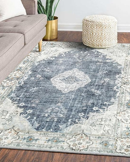 MUJOO 5'x7' Area Rugs Blue Grey Machine Washable Rugs Living Room Rugs Boho Rug for Bedroom Laundry Room Kitchen Non Slip Large Carpet Abstract Soft Low-Pile Floral