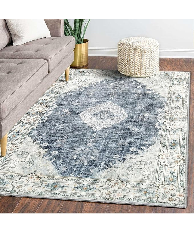 MUJOO 5'x7' Area Rugs Blue Grey Machine Washable Rugs Living Room Rugs Boho Rug for Bedroom Laundry Room Kitchen Non Slip Large Carpet Abstract Soft Low-Pile Floral