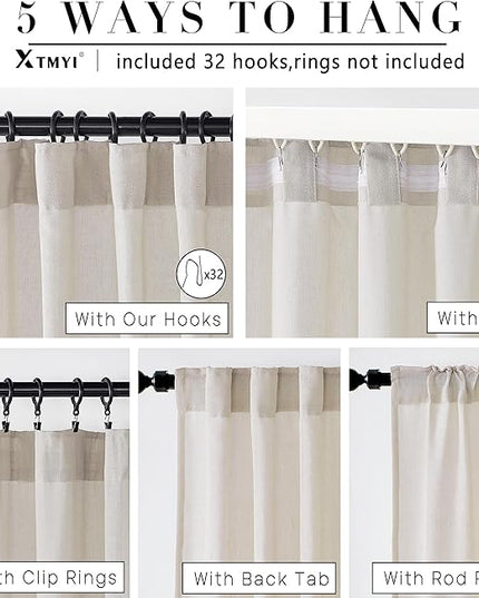 XTMYI Oatmeal 100 Inches Long Country Curtains for Living Room,Sheer Linen Curtains for Bedroom,50 Inches Wide