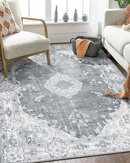 MUJOO Boho Rug 4'x6.5',Grey Area Rugs for Bedroom Living Room Dining Room,Machine Washable Non Slip Carpet Vintage Bohemian Distressed Farmhouse,Floral