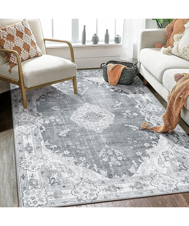 MUJOO Boho Rug 4'x6.5',Grey Area Rugs for Bedroom Living Room Dining Room,Machine Washable Non Slip Carpet Vintage Bohemian Distressed Farmhouse,Floral
