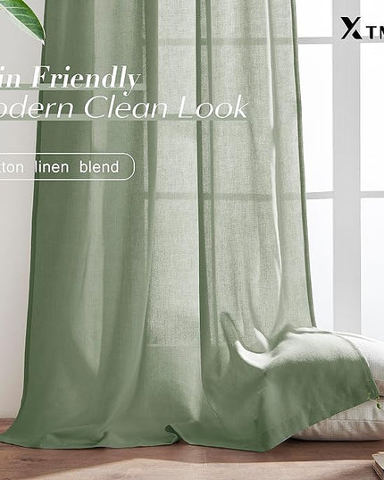 XTMYI Sage Green Curtains 84 Inches Long for Living Room,Window Coverings 60-70% Heat Blocking Hooks Pleated Back Tab Linen Summer Curtains for Bedroom,84 Inch Length 2 Panels Set,Light Green