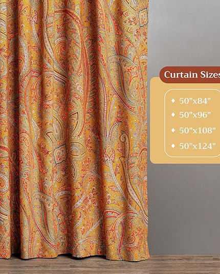 Maison d' Hermine Curtains for Living Room 100% Cotton 124 inch Length Two Panels Light Filtering Curtains for Bedroom Windows with Rod and Loop Pockets Drapes (Kashmir Paisley Gold, 50" W x 124" L)