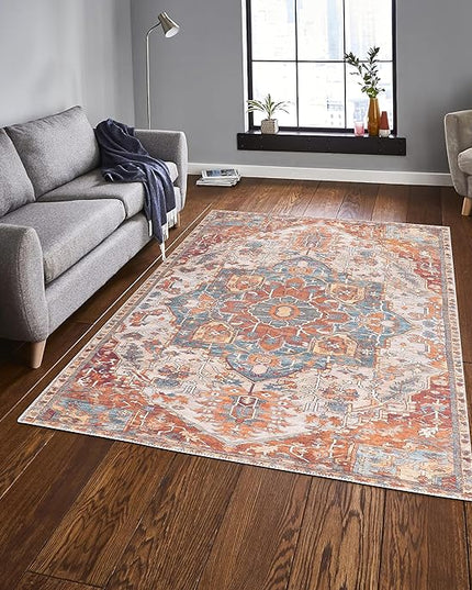 GLN Rugs Traditional Collection - Machine Washable Area Rug, Traditional Washable, Non Slip, Low Pile Chenille Rug, Living Room, Bedroom, Kitchen Rug (7'10"x10' Cream/Terra)