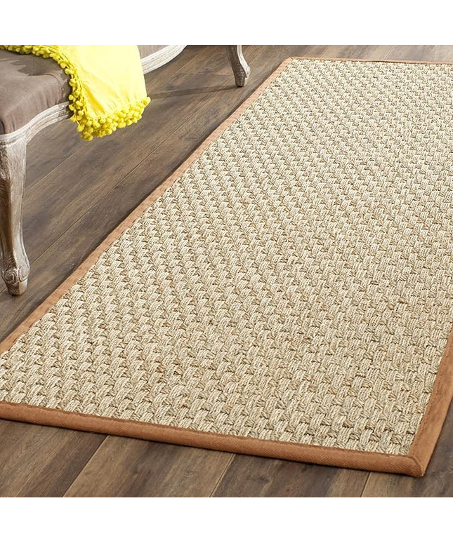 SAFAVIEH Natural Fiber Collection Runner Rug - 2'6" x 16', Natural & Brown, Seagrass, Basketweave Pattern with Border (NF114B)