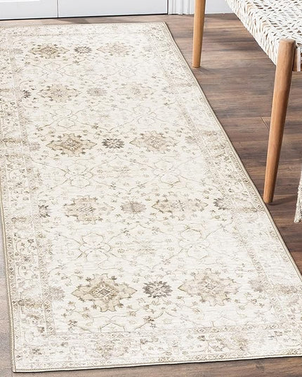 ReaLife Rugs Machine Washable Area Rug Runner - Living Room Bedroom Bathroom Kitchen Entryway Office - Padded Low Pile Stain Resistant Premium - Boho Farmhouse Vintage - BEV - Beige 2'6" x 6'