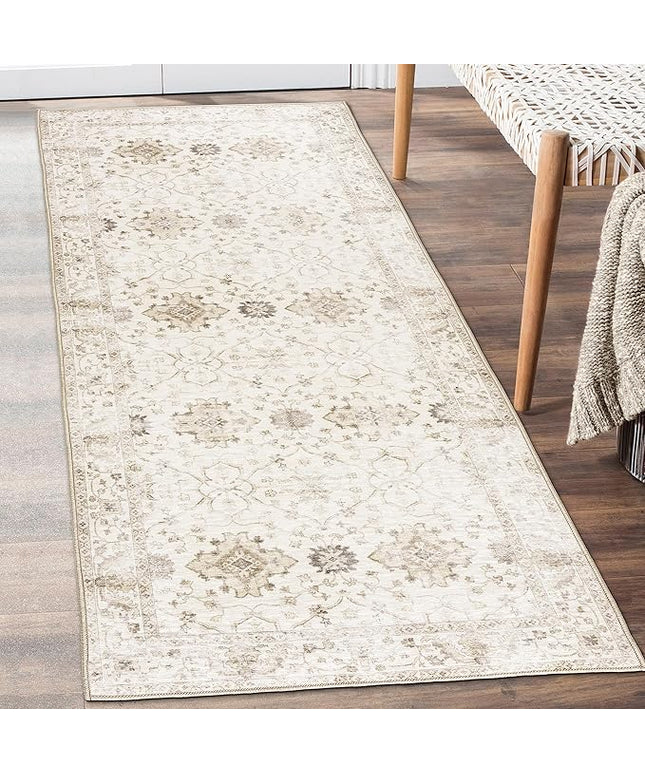 ReaLife Rugs Machine Washable Area Rug Runner - Living Room Bedroom Bathroom Kitchen Entryway Office - Padded Low Pile Stain Resistant Premium - Boho Farmhouse Vintage - BEV - Beige 2'6" x 8'