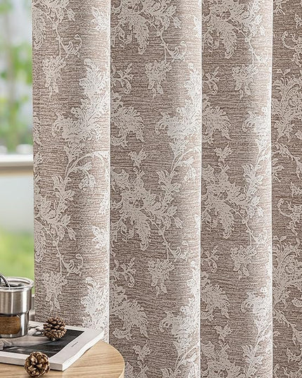 FMFUNCTEX Rust Brown Floral Jacquard Blackout Curtains 96 Inches Long for Bedroom, Scroll Flower Chenille Farmhouse Curtains for Living Room Darkening Thermal Insulated Grommet Window Drapes 2 Panels