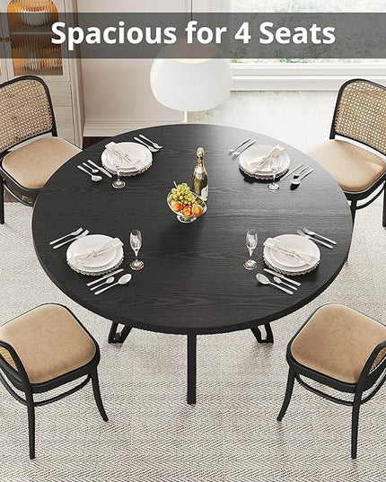 LIKIMIO Round Dining Table for 4, 47.2” Wooden Kitchen Table with Rattan Storage Shelf, Space-Saving for Modern Dining Room, Living Room, Black