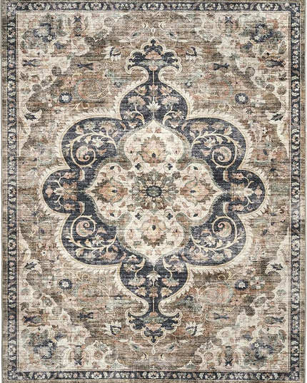 ReaLife Rugs Machine Washable Area Rug Runner - Living Room Bedroom Bathroom Kitchen Entryway Office - Padded Low Pile Stain Resistant Premium - Boho Farmhouse Vintage - Joy - Brown Beige 3' x 5'