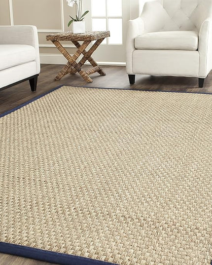 SAFAVIEH Area Rug 8' Square - Natural Fiber Collection - Large - Natural & Blue, Seagrass, Basketweave Pattern with Border (NF114E)