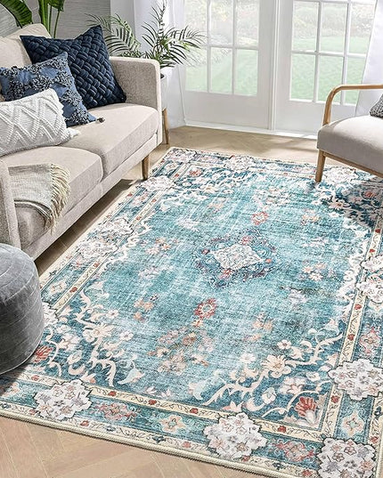 MUJOO 5'x7' Area Rugs Teal Machine Washable Rugs Living Room Rugs Boho Rug for Bedroom Laundry Room Kitchen Non Slip Carpet Abstract Soft Low-Pile Blue Floral