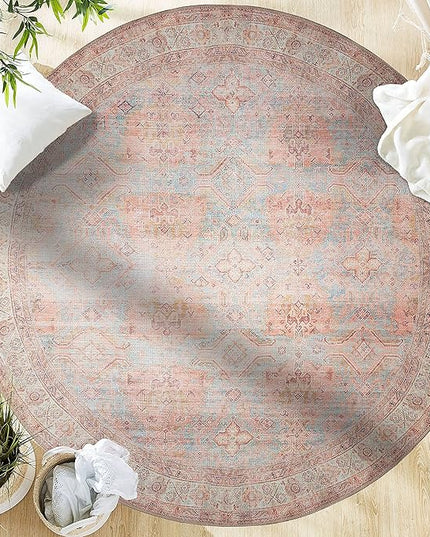 GLN Rugs Traditional Collection - Machine Washable Area Rug, Traditional Washable, Non Slip, Low Pile Chenille Rug, Living Room, Bedroom, Kitchen Rug (5'3" Round Multicolor)