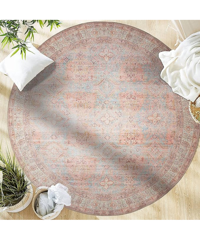 GLN Rugs Traditional Collection - Machine Washable Area Rug, Traditional Washable, Non Slip, Low Pile Chenille Rug, Living Room, Bedroom, Kitchen Rug (5'3" Round Multicolor)