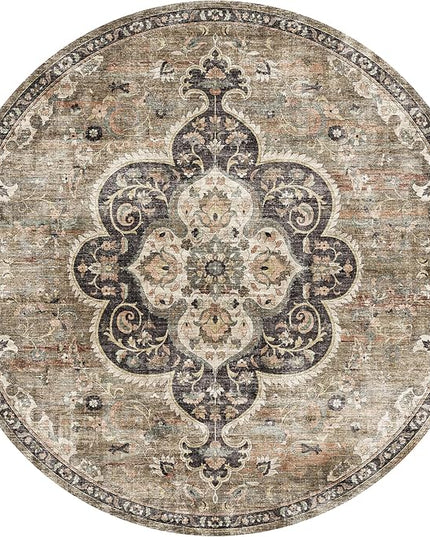ReaLife Rugs Machine Washable Area Rug - Living Room Bedroom Bathroom Kitchen Entryway Office - Non Slip Low Pile Stain Resistant Premium - Boho Farmhouse Vintage - Joy - Brown Beige 4' Round