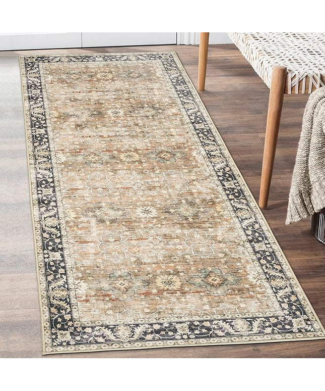 ReaLife Rugs Machine Washable Area Rug - Living Room Bedroom Bathroom Kitchen Entryway Office - Padded Low Pile Stain Resistant Premium - Boho Farmhouse Vintage - BEV - Beige Tan Brown 2'6" x 10'