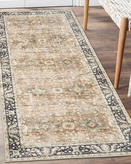 ReaLife Rugs Machine Washable Area Rug Runner - Living Room Bedroom Bathroom Kitchen Entryway - Padded Low Pile Stain Resistant Premium - Boho Farmhouse Vintage - BEV - Beige Tan Brown 2'6" x 8'