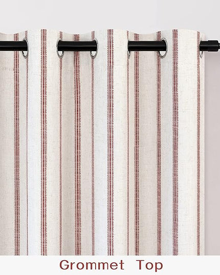 DriftAway Farmhouse Linen Blend Blackout Curtains 84 Inches Long for Bedroom Vertical Striped Printed Linen Curtains Thermal Insulated Lined Treatments for Living Room 2 Panels W52 x L84 Red