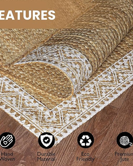 voyzz home 5X8 Feet-Rectangular, Premium Natural Jute Braided Area Rug, White Printed Border, Stain Resistance, Natural Brown, Handmade Rug for Entryways, Living Room, Dining Room, Bedroom, Farmhouse