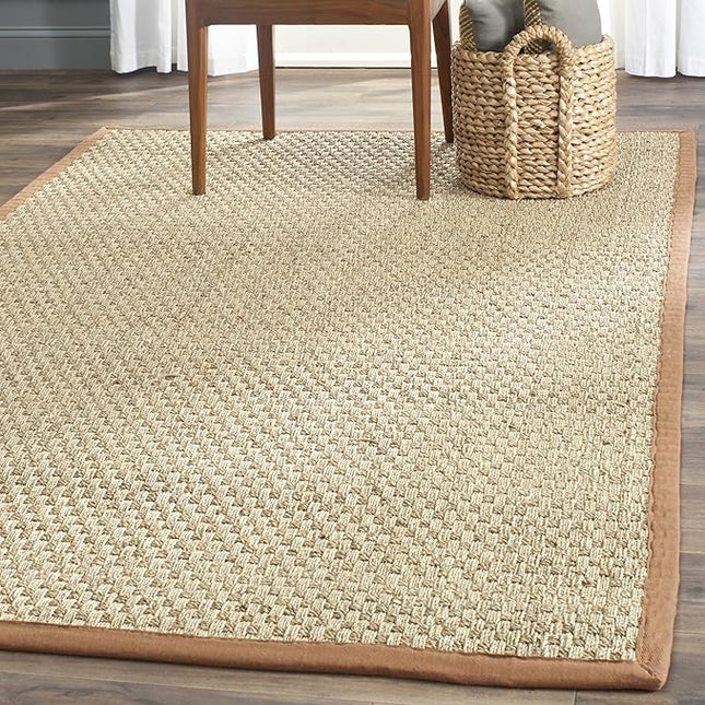 SAFAVIEH Area Rug 6' Square - Natural Fiber Collection - Natural & Brown, Seagrass, Basketweave Pattern with Border (NF114B)