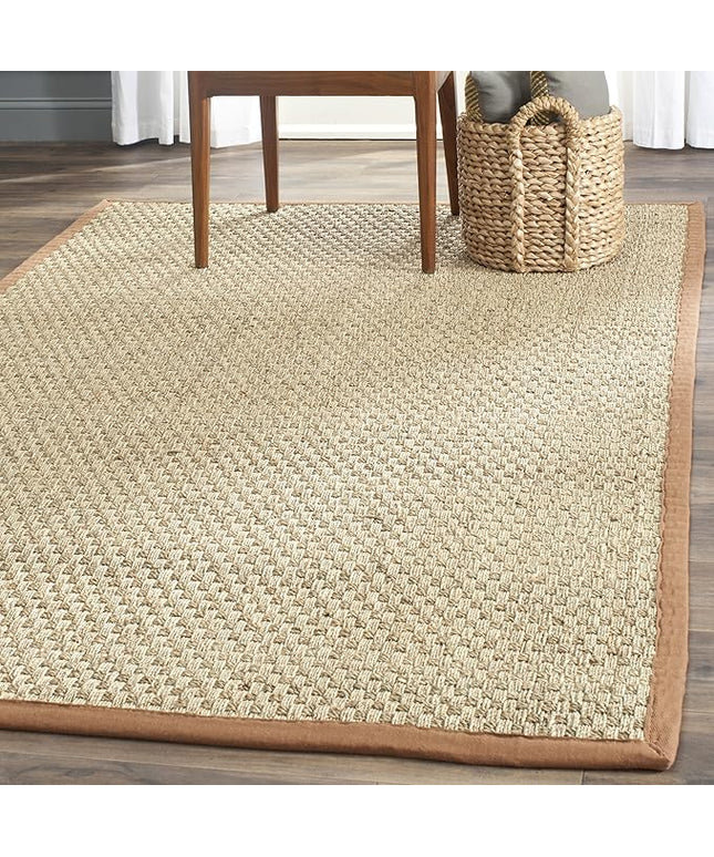 SAFAVIEH Area Rug 4' Square - Natural Fiber Collection - Natural & Brown, Seagrass, Basketweave Pattern with Border (NF114B)