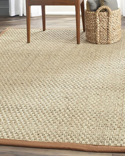 SAFAVIEH Area Rug 10' Square - Natural Fiber Collection - Large - Natural & Brown, Seagrass, Basketweave Pattern with Border (NF114B)