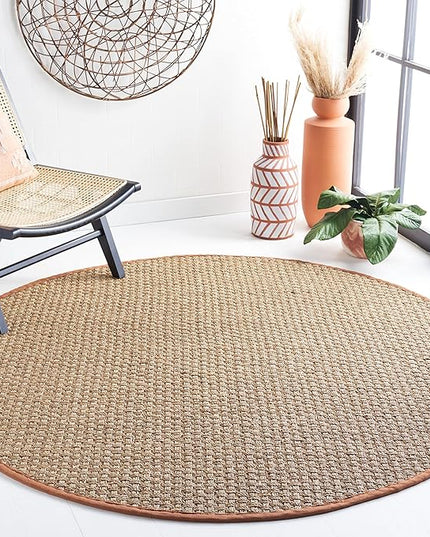 SAFAVIEH Area Rug 6' Round - Natural Fiber Collection - Natural & Brown, Seagrass, Basketweave Pattern with Border (NF114B)