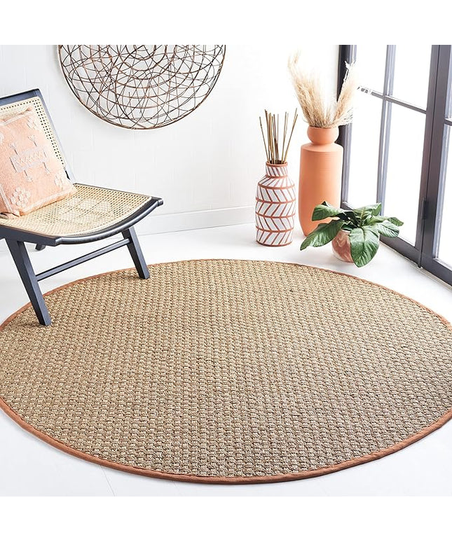 SAFAVIEH Area Rug 6' Round - Natural Fiber Collection - Natural & Brown, Seagrass, Basketweave Pattern with Border (NF114B)