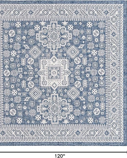 Rugs.com Outdoor Aztec Collection Rug – 10 Ft Square Blue Flatweave Rug Perfect for Living Rooms, Kitchens, Entryways