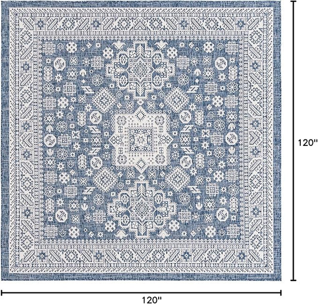 Rugs.com Outdoor Aztec Collection Rug – 10 Ft Square Blue Flatweave Rug Perfect for Living Rooms, Kitchens, Entryways