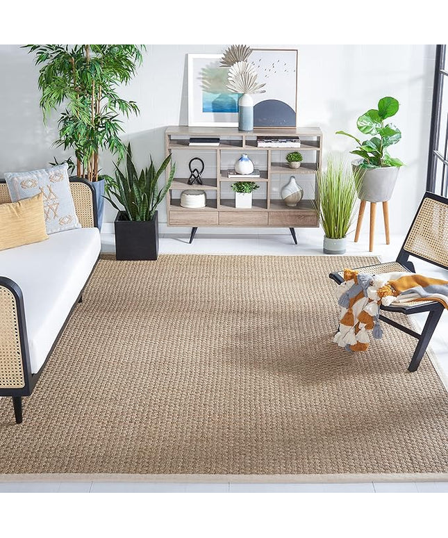 SAFAVIEH Area Rug 11x15 - Natural Fiber Collection - Large - Natural & Ivory, Seagrass, Basketweave Pattern with Border (NF114J)
