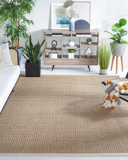 SAFAVIEH Area Rug 10x14 - Natural Fiber Collection - Large - Natural & Ivory, Seagrass, Basketweave Pattern with Border (NF114J)