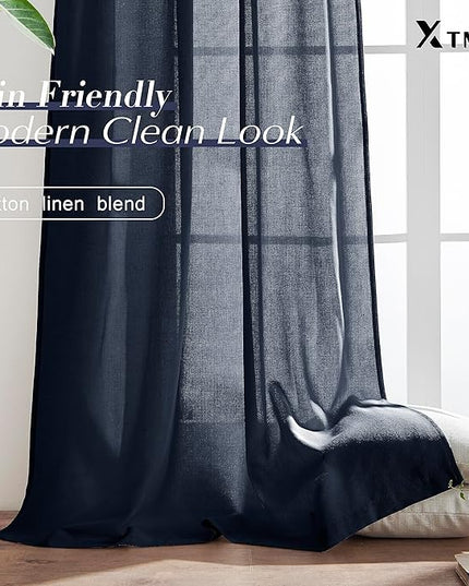 XTMYI Navy Blue Curtains 96 Inches Long,Linen Semi Sheer Gaming Gamer Curtains for Boys Room Men Bedroom Man Cave Office,96in Length 2 Panels Set,Dark Ocean
