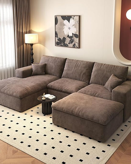 107'' U-Shaped Modern Modular Sectional Cloud Couch Whit Ottoman, 4-Seat Chenille Deep-Seat Sofa with Pillow for Living Room, Bedroom, Apartment, Camel