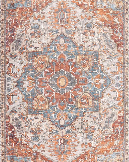 GLN Rugs Traditional Collection - Machine Washable Area Rug, Traditional Washable, Non Slip, Low Pile Chenille Rug, Living Room, Bedroom, Kitchen Rug (3'x5' Cream/Terra)