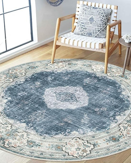 MUJOO Blue Round Rug 5ft,Circle Washable Area Rugs for Bedroom Living Room Bathroom,Boho Large Non Slip Circular Carpet,Floral