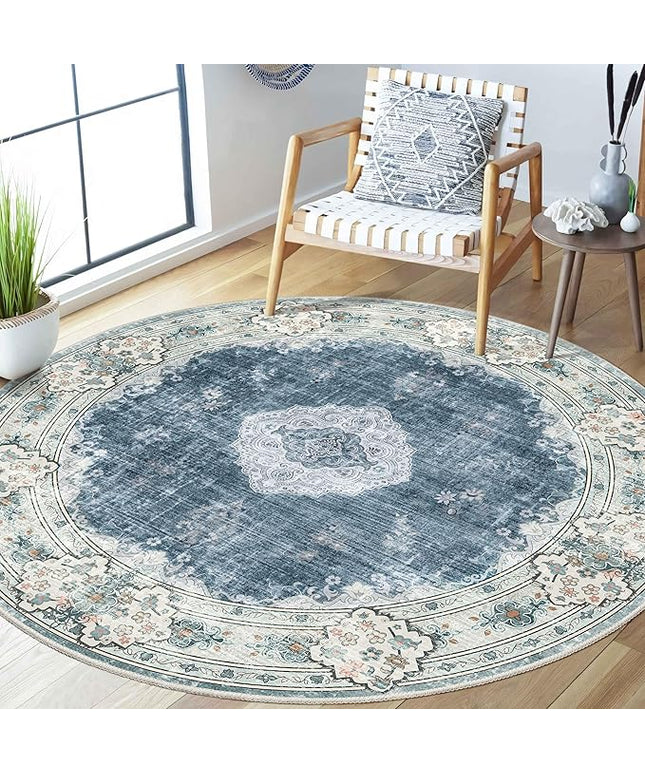 MUJOO Blue Round Rug 5ft,Circle Washable Area Rugs for Bedroom Living Room Bathroom,Boho Large Non Slip Circular Carpet,Floral