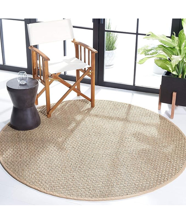 SAFAVIEH Area Rug 9' Round - Natural Fiber Collection - Large - Natural & Beige, Seagrass, Basketweave Pattern with Border (NF114A)