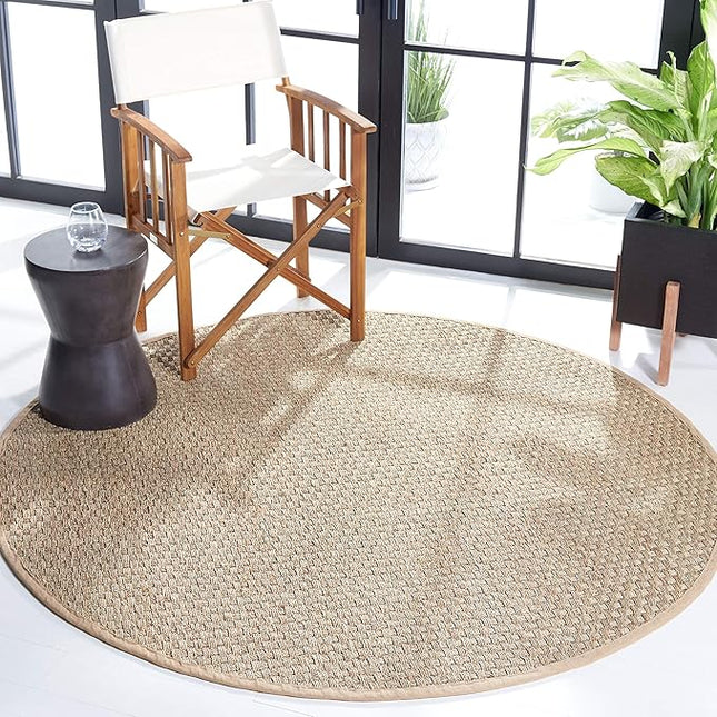 SAFAVIEH Area Rug 6' Round - Natural Fiber Collection - Natural & Beige, Seagrass, Basketweave Pattern with Border (NF114A)