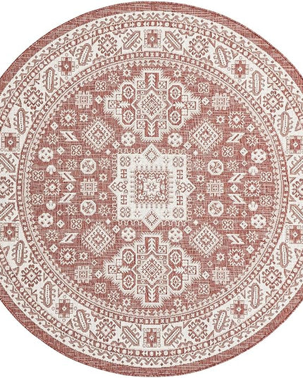 Rugs.com Outdoor Aztec Collection Rug – 6 Ft Round Rust Red Flatweave-Pile Rug Perfect for Kitchens, Dining Rooms