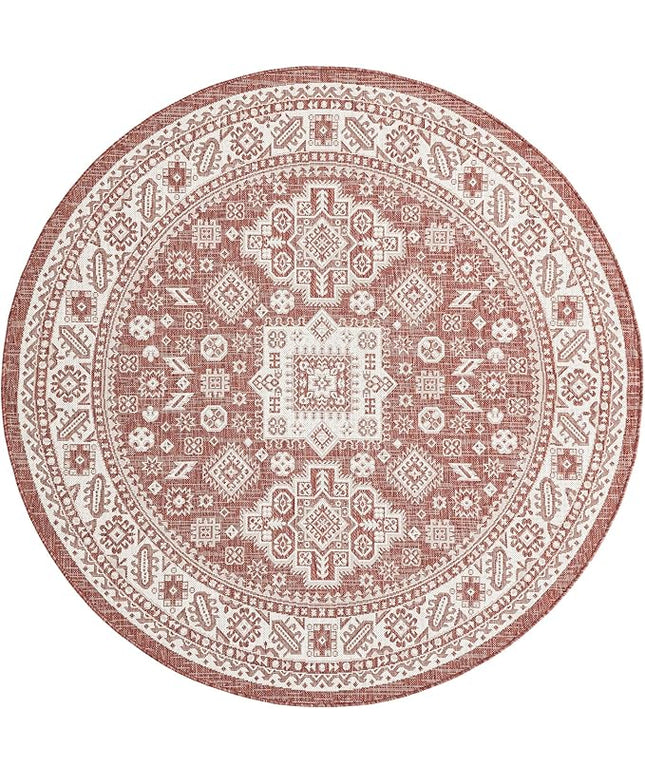 Rugs.com Outdoor Aztec Collection Rug – 6 Ft Round Rust Red Flatweave-Pile Rug Perfect for Kitchens, Dining Rooms