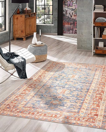 GLN Rugs Traditional Collection - Machine Washable Area Rug, Traditional Washable, Non Slip, Low Pile Chenille Rug, Living Room, Bedroom, Kitchen Rug (4'x6' Terra and Blue)
