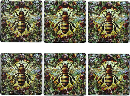 Marble Coasters Square Leather Drinks Coaster Set with Holder for Coffee Table Bar Home Decor 4 Inches Set of 6 (Bee, One Size)