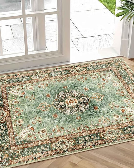 Small Rugs 2x3,Green Rug for Entryway Bathroom Bedroom Kitchen Entrance Doormat,Boho Vintage Bohemian Distressed Washable Oriental Accent Floor Throw Carpet Non Slip