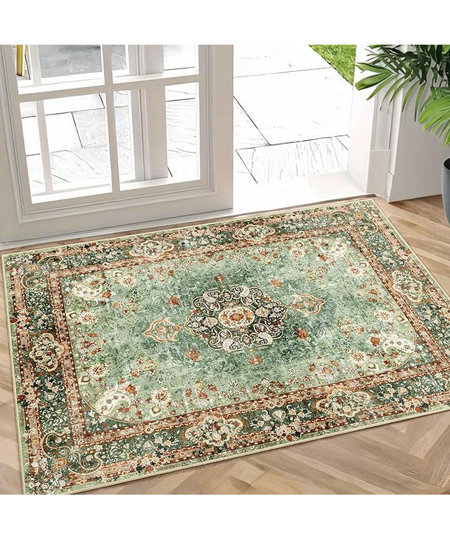 Small Rugs 2x3,Green Rug for Entryway Bathroom Bedroom Kitchen Entrance Doormat,Boho Vintage Bohemian Distressed Washable Oriental Accent Floor Throw Carpet Non Slip