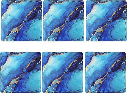 Marble Coasters Square Leather Drinks Coaster Set with Holder for Coffee Table Bar Home Decor 4 Inches Set of 6 (Marble, One Size)