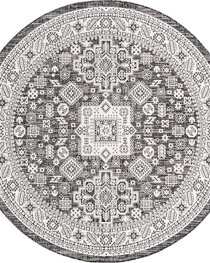 Rugs.com Outdoor Aztec Collection Rug – 8 Ft Round Charcoal Gray Flatweave Rug Perfect for Kitchens, Dining Rooms